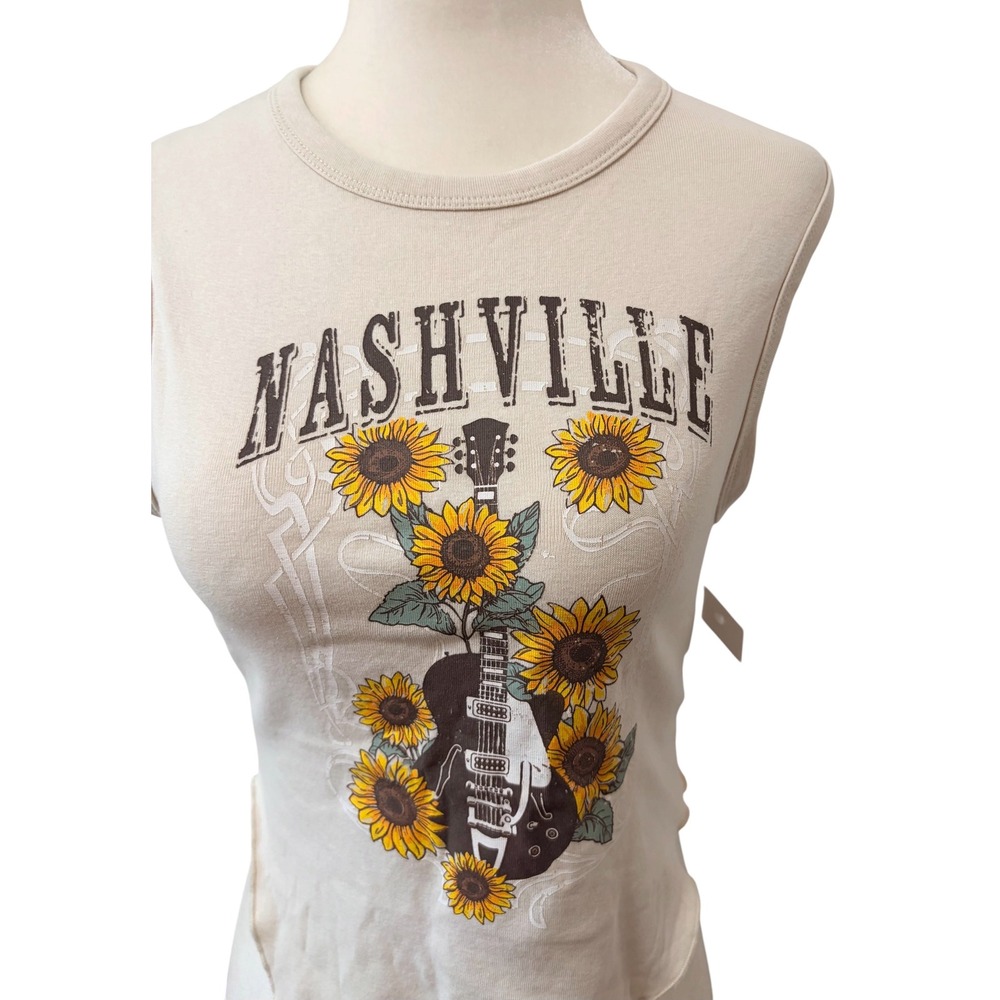 NEW Nashville Sunflower Guitar Tank Top Size Medium Beige Graphic Tee - Picture 3 of 8